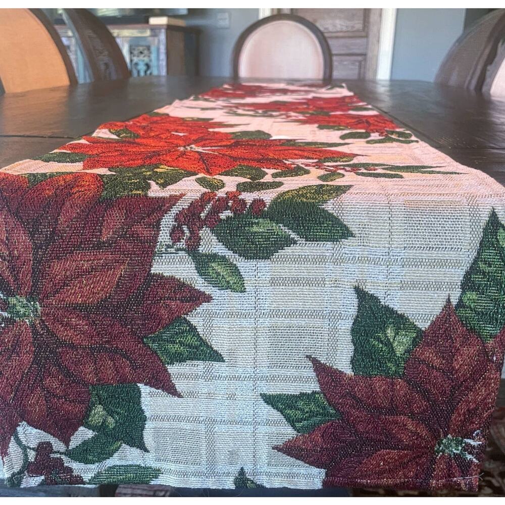Christmas Poinsettia Metallic Plaid Tapestry Table Runner 13x70 Cream Red NWT
